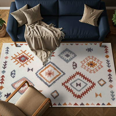 Ethnic Patterned Cream Rug, Non-Slip Based Washable Chenille Area Rug, Soft Rug