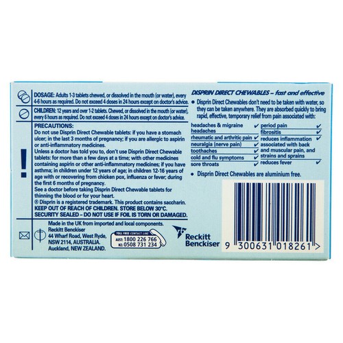 12 x Disprin Direct Chewables Fever Pain Relief Tablets Aspirin 24 Pack 300Mg - Picture 4 of 6