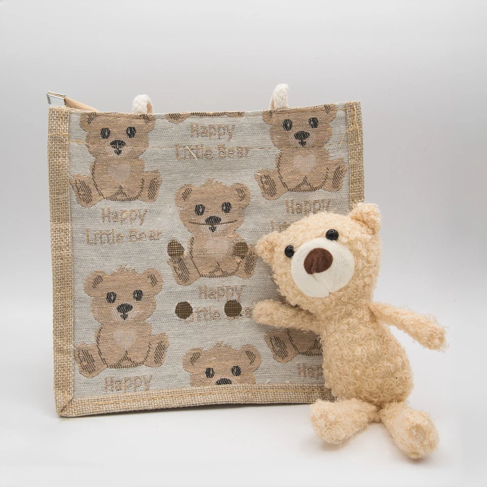 Bolso de mano de arpillera artesanal de diseño limitado con cremallera de yute osos muñeca bolsa de regalo 8X8X4 Foto 4 de 4