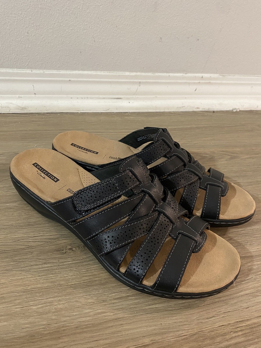 Clarks Collection Leisa Field Womens Black Leather Slides Size 11 Soft  Cushion