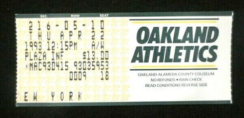 OAKLAND A'S VS NEW YORK YANKEES 22.04.93 VINTAGE TICKET STUB TOP ZUSTAND - Bild 1 von 2