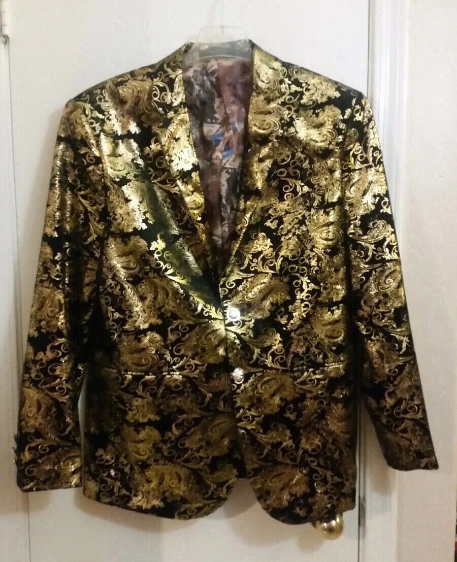 CloudStyle Black & Gold Paisley Sports Coat Blazer Jacket Size XL Prom Wedding