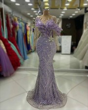 Lilac Purple Long Sleeves Mermaid Evening Dresses Crystals Beaded Wedding Gowns