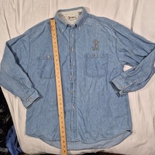 VTG DISNEY DENIM WORK SHIRT MICKEY EMBROIDERED MENS LARGE DISTRESSED HONG KONG