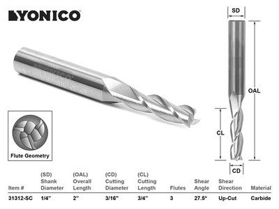 3/16'' Dia. Upcut Spiral End Mill CNC Router Bit - 1/4'' Shank - Yonico 31312-SC