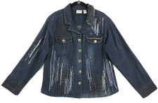 CHICO's Embellished Blue Denim Jacket Size 2 Jeweled Buttons Boho Patchwork