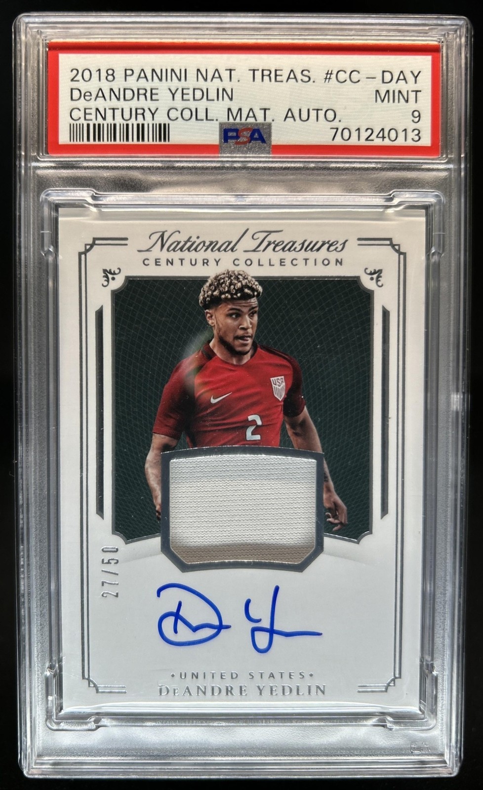 2018 National Treasures DeAndre Yedlin Century Material Jersey Auto #/50 PSA 9
