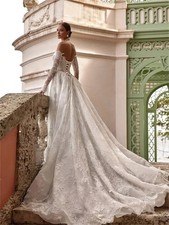 Off Shoulder Lace-up Appliques Wedding Dresses Long Sleeves Detachable Train