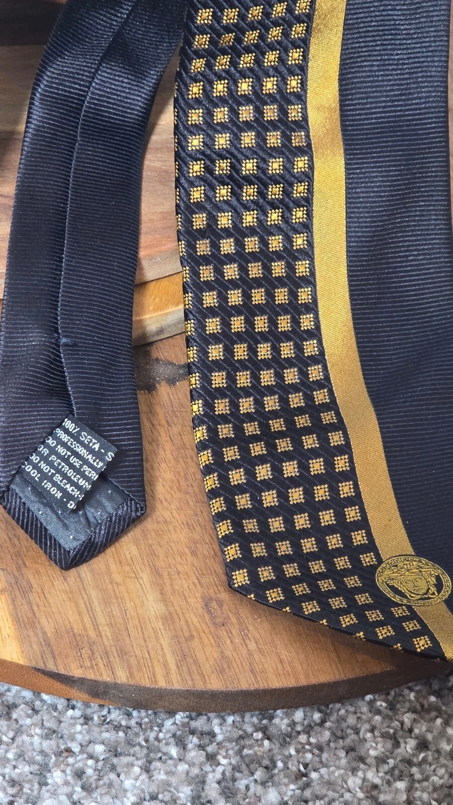 Gianni Versace Vintage Silk Tie Black Gold Medusa Head Geometric Checkerboard image 6