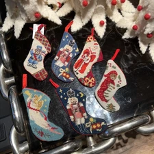 C & F Needlepoint Mini Christmas Stocking Ornament NEW (set Of 6)