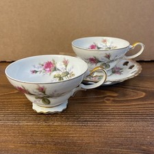 Vintage Moss Rose Porcelain Teacup Set  Heart Reticulated Saucer Unmarked