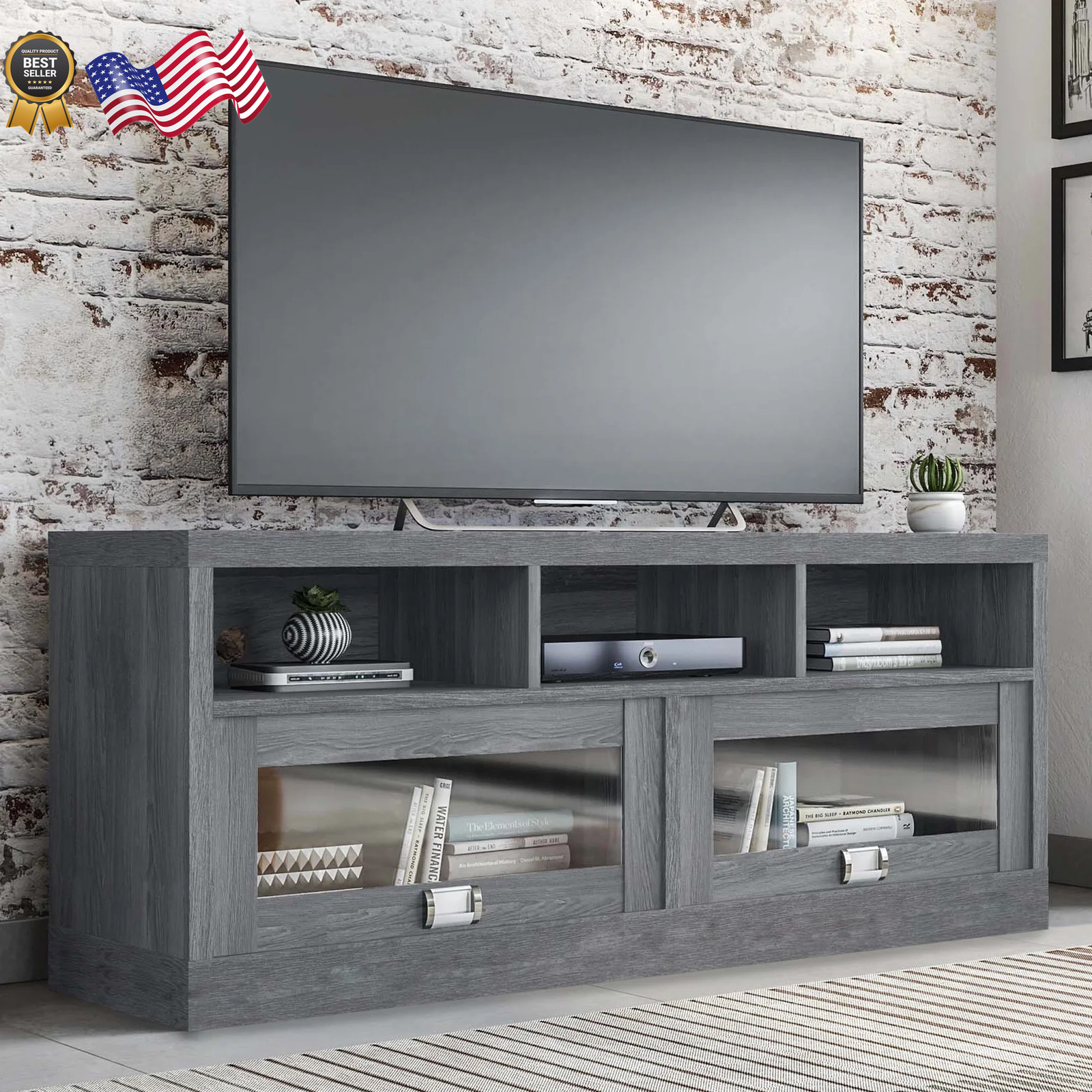 For Tvs Up To 75" Media Console Cabinet With Glass Doors