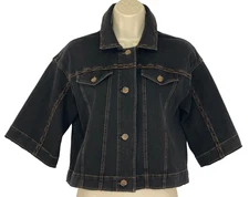 Black 1/2 sleeve relaxed jacket XS cotton stretch brown embroidered crop LYSSÉ