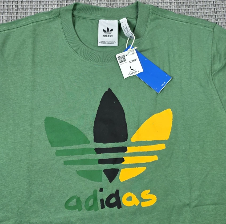 ADIDAS ORIGINALS Green MULTI COLOR TREFOIL T- SHIRT L Jamaica Logo  #IZ2571 NWT - Image 3 of 4
