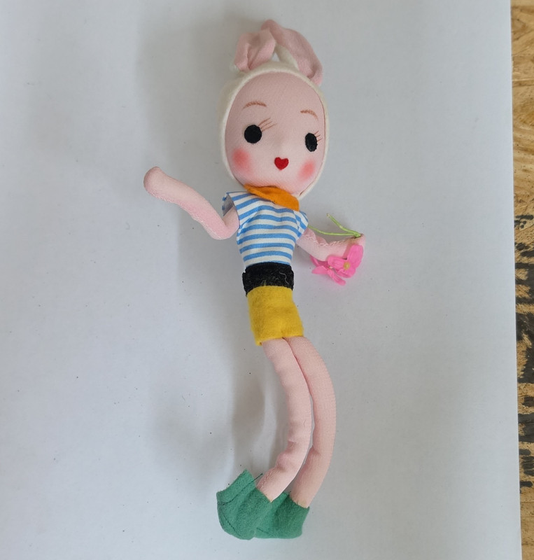 Bunny Girl Rag & Cloth Doll Pink Straight Hair Striped Shirt Yellow Shorts