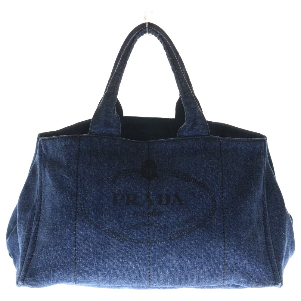 PRADA Canapa Denim Tote Bag Large Handbag Indigo Blue B1872B Gold Hardware from