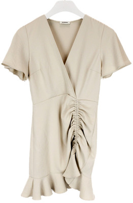 Sandro Albi Kleid Damen EU36 Beige Wickel? Revers Kragen Kurzarm Mini Elegan