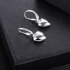 925 Sterling Silver Heart Dangle Earrings Leverback Drop Women Gift Love
