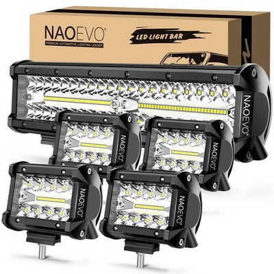 NAOEVO 12 Inch LED Light Bar and 4PCS 4 Pod 12INCH 4INCH, White 