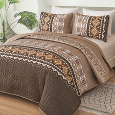 Boho Quilt Set King Size,3 Pieces Brown Geometry Printed Bedspread Coverlet S...