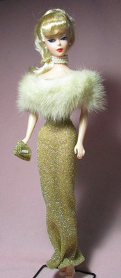 REPRO BLONDE PONYTAIL BARBIE DOLL in ''NKD WEAR'' GOLD N MINK TIFFANY-ESQUE OUTFIT