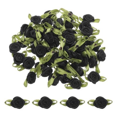 50 PCS Black Ribbon Roses 5/8''x1-3/16'' Mini Satin Bows for Crafts Flowers