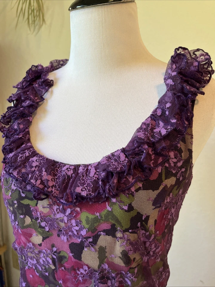 Vestido Vintage Anna Sui Y2K Púrpura Encaje Volantes Seda Gasa Floral Camuflaje RARO🍒 Foto 3 de 4