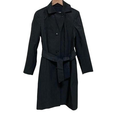 Max Mara Long Coat Silk Blend Striped Belted Black 36 Womens Button Front