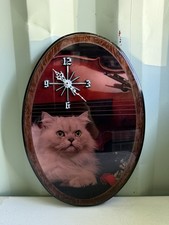 Cat Clock Wood Laquer Finish 22” X 15.5” M. J. Griffith Made In USA