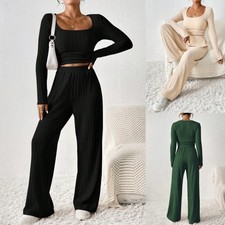 Womens 2Pcs Outfits Casual Tracksuit Long Sleeve Ribbed Knit Clothes Jogging Set