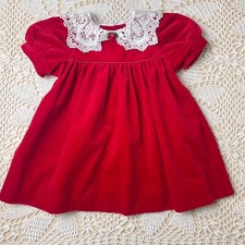 Vintage 1990s Therese Baby Girl 18 Months Red Velvet Lace Collar Holiday Dress
