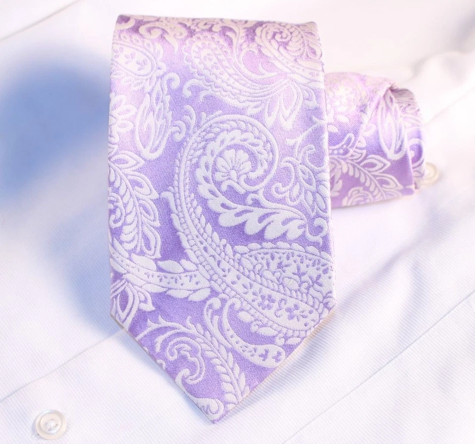 Corbata delgada SAKS FIVE AVENUE Italia lavanda blanca cachemira seda 57" x 3,25" Foto 2 de 4
