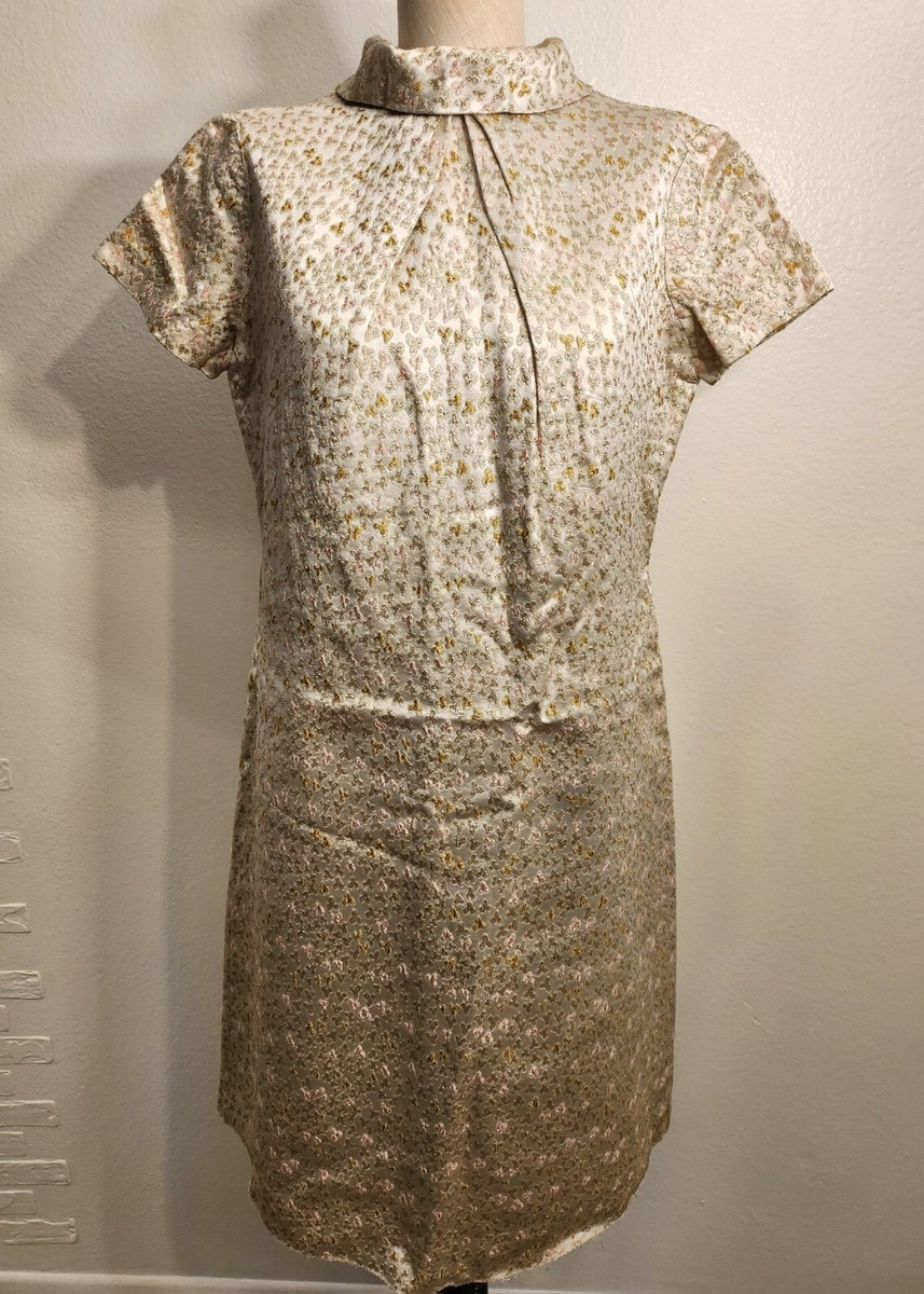 Vintage Gold Metallic Knee Length Short Sleeve Collar Dress