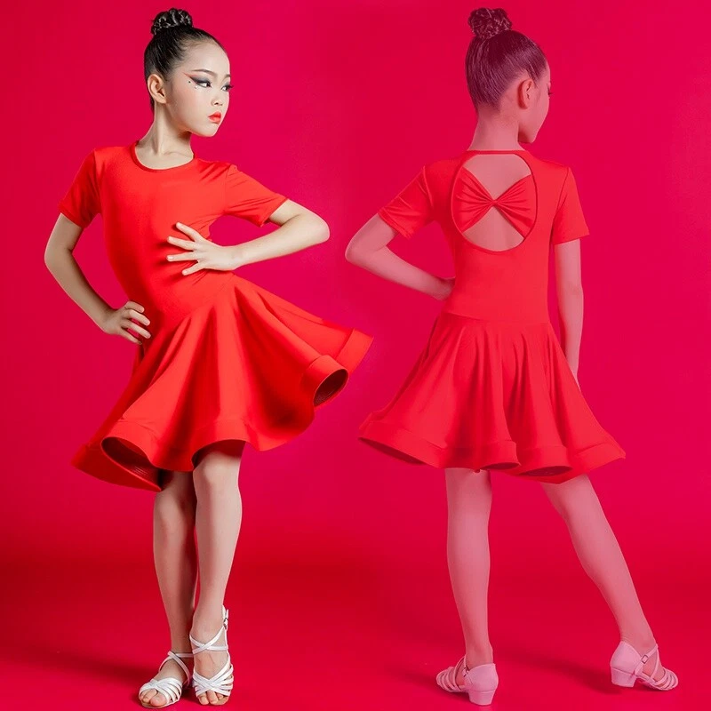 Children Girls Latin Salsa Dance Dress Ballroom Bow Dancewear Performance Modern - Image 4 of 4