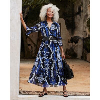 Chicos 0.5 Ikat Tiered Midi Dress sz small 6 blue dress | eBay Chicos 0.5 Ikat Tiered Midi Dress sz small 6 blue dress | eBay