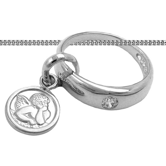 Taufring Mit Zirkonia Stein Und Schutzengel AnhäNger & Halskette Echt Silber 925-image