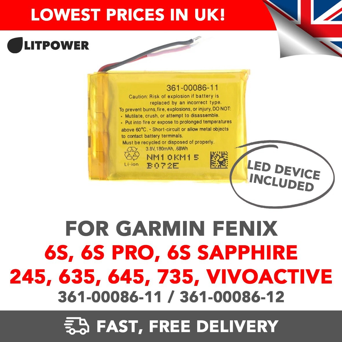 Battery for Garmin (361-00086-11/2) 6S 6S Pro 6S 245 265 635 645 735XT UK!