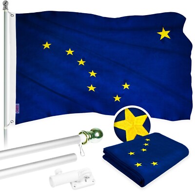 G128 5 Ft Flagpole (Silver) & Alaska Flag 2.5x4 Ft Embroidered 300D Polyester