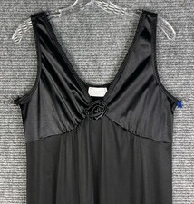 Vintage Vassarette Nightgown Long Sweeping Black Satin Lace Rosette Size L USA