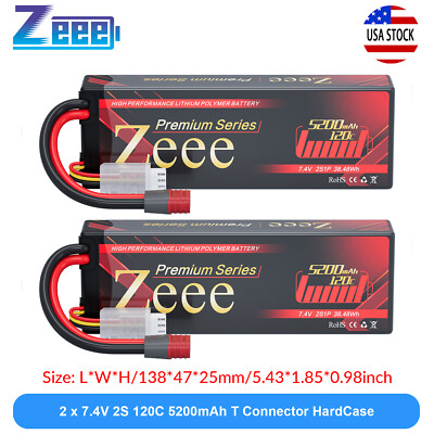 2x Zeee 7.4V 120C 5200mAh 2S LiPo Battery T Plug Hardcase for RC Car Truck Boat 