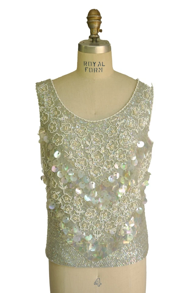 Suéter sin mangas vintage de lentejuelas con cuentas verde espuma de mar de los años 60 vacaciones de otoño XS-M Foto 2 de 4