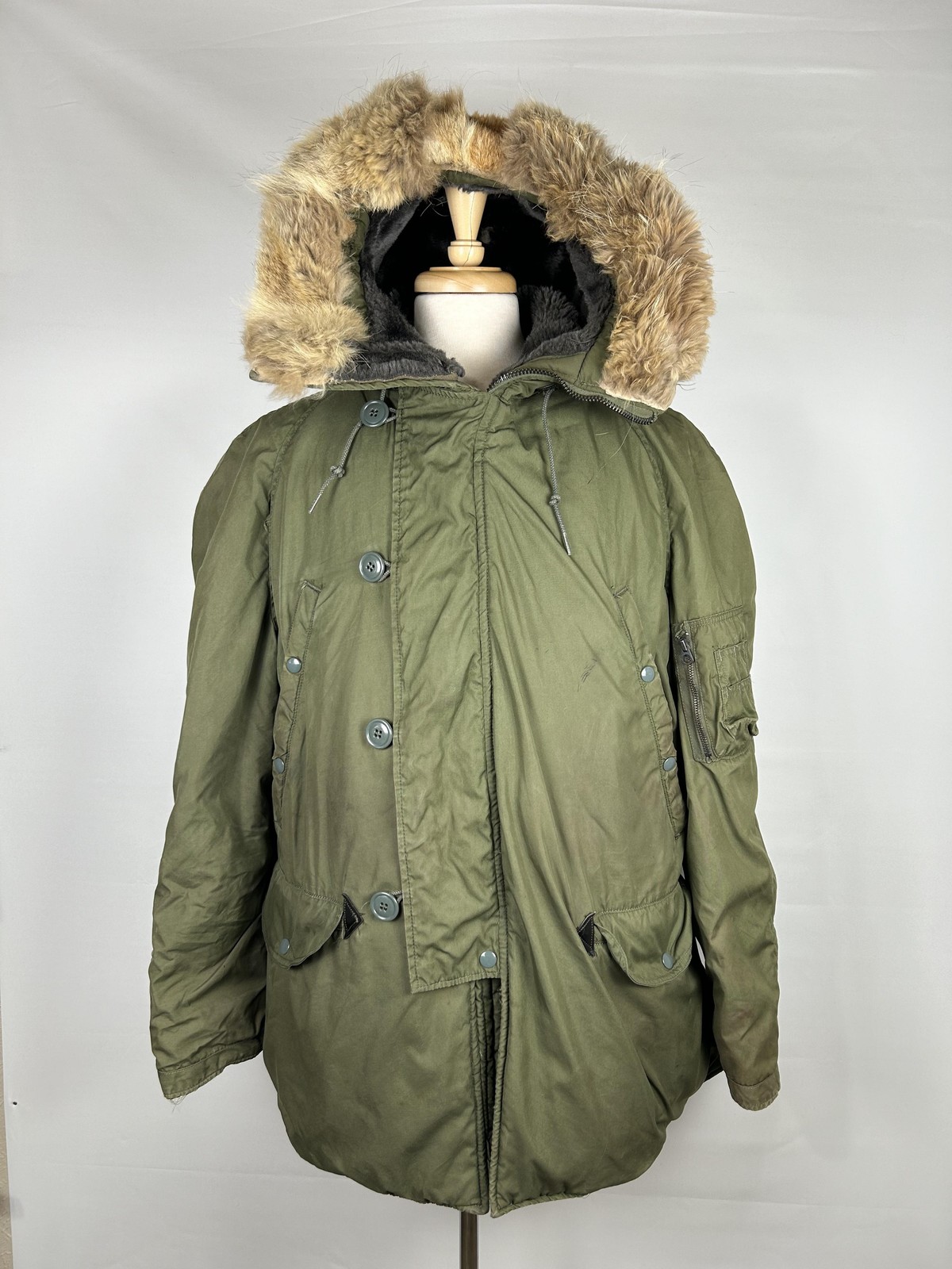 Vintage N 3B Flight Parka Jacket Mens Large Green Fur Hood 70s Military US