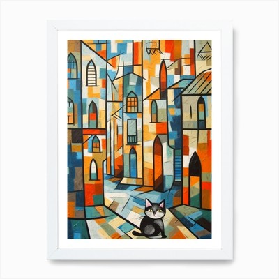 Gemälde von Venedig mit einer Katze im gerahmten Wandbild Poster Leinwanddruck Bild