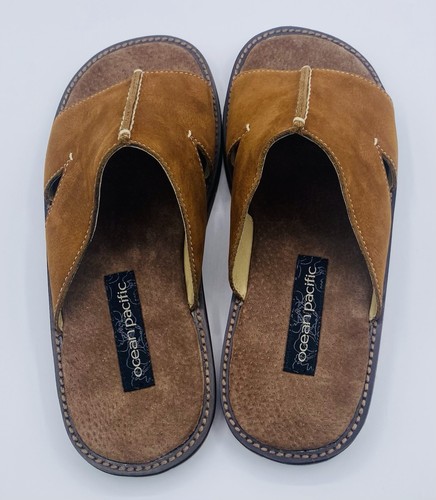 Ocean Pacific Tahiti Brown Leather Men s Open Toe Slip On Sandals Size 9 - Picture 2 of 9