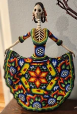 Gorgeous Handmade Huichol Beaded Art Figurine Doll Day Of The Dead