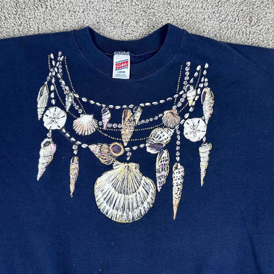 Винтажный морской ракушки толстовка женщин большой синий ожерелье печать Crewneck кофе - Изображение 3 из 4