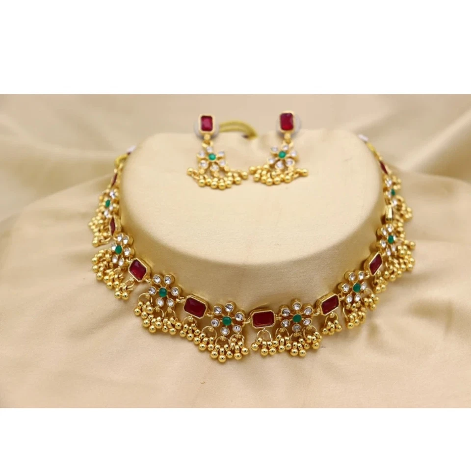 Индийский Болливуд позолоченный Кундан ошейник свадебное ожерелье серьги ювелирный набор - Изображение 2 из 2