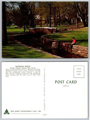 Vintage 1963 McDonald Brook Passaic NJ Postcard Stone Bridge Scenic View