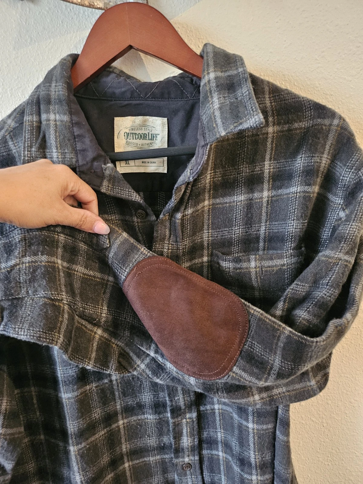 Outdoor Life Slim Fit Gray Bown Men's Elbow Patch Plaid Long Sleeves Top Size XL