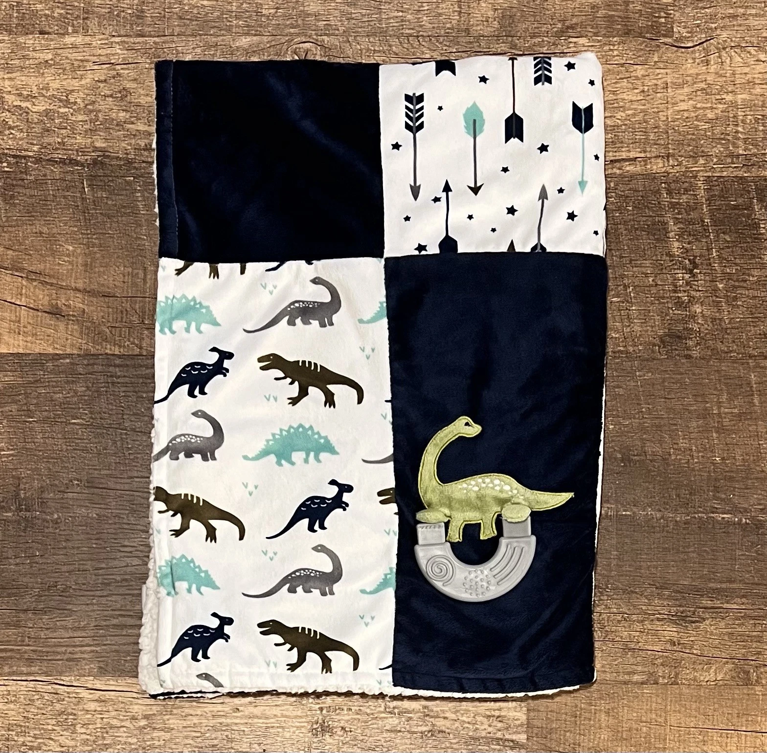 Modern Baby Dinosaur Activity Blanket Blue Teething Ring Crinkle Tail Sherpa